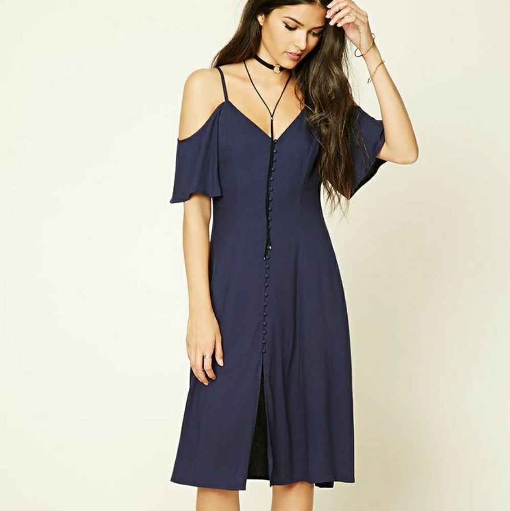 Navy blue cold shoulder dress
